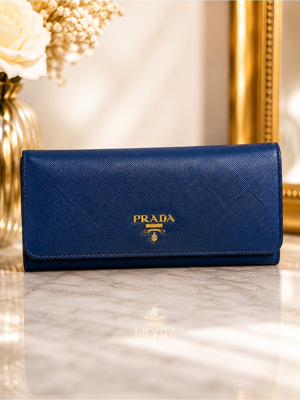 Prada Blue Saffiano Leather Continental Wallet Gold Logo Long Wallet Italy